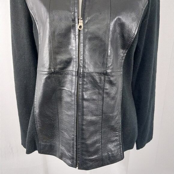 COLDWATER CREEK! LUXE BLACK GENUINE LEATHER, KNIT SLEEVE JACKET, COAT! SZ M - Picture 5 of 10